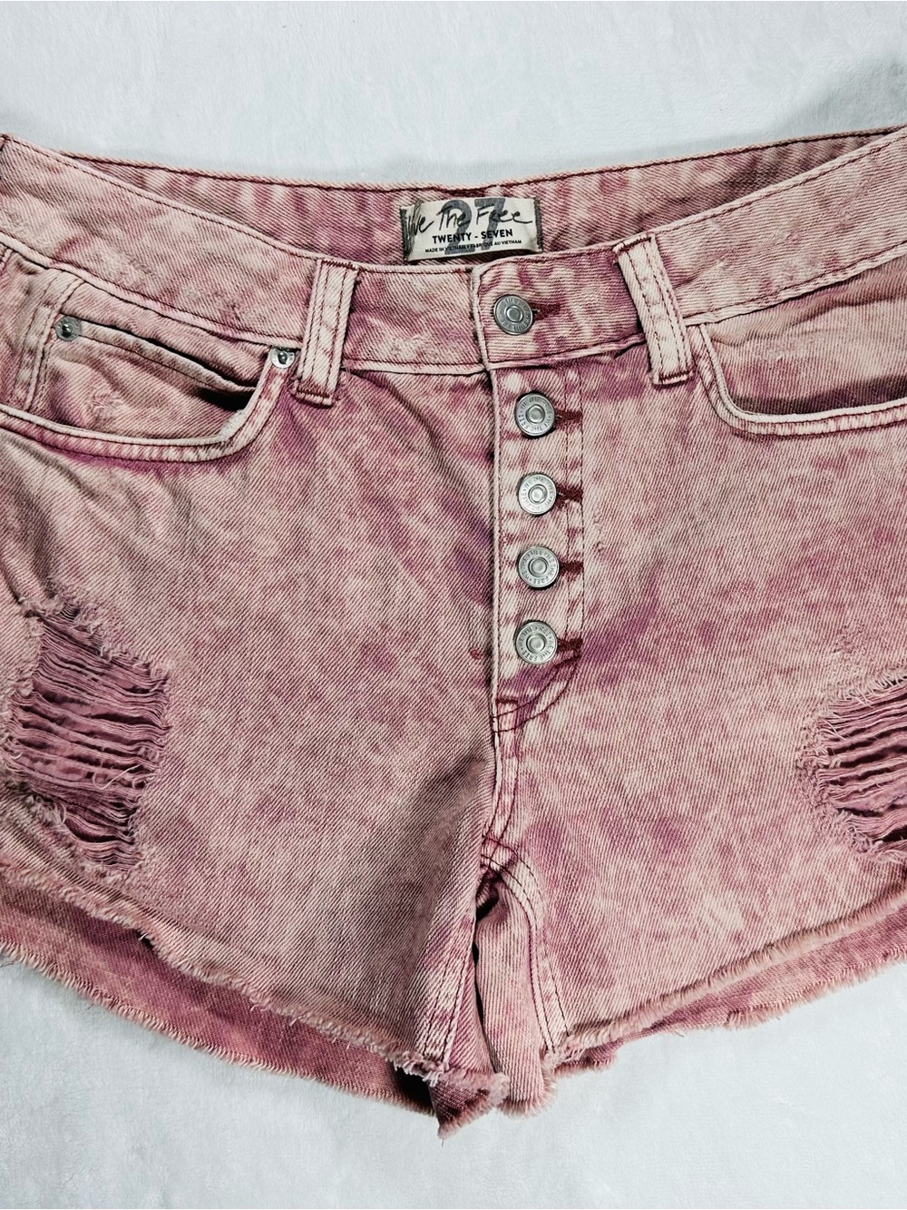 Free PeoplePink Distressed Denim Button Fly Shorts - Women's Size 4